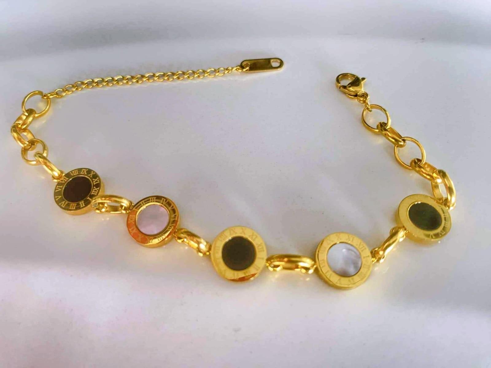 18k Gold PVD Roman Numeral Black & White Shell Bracelet