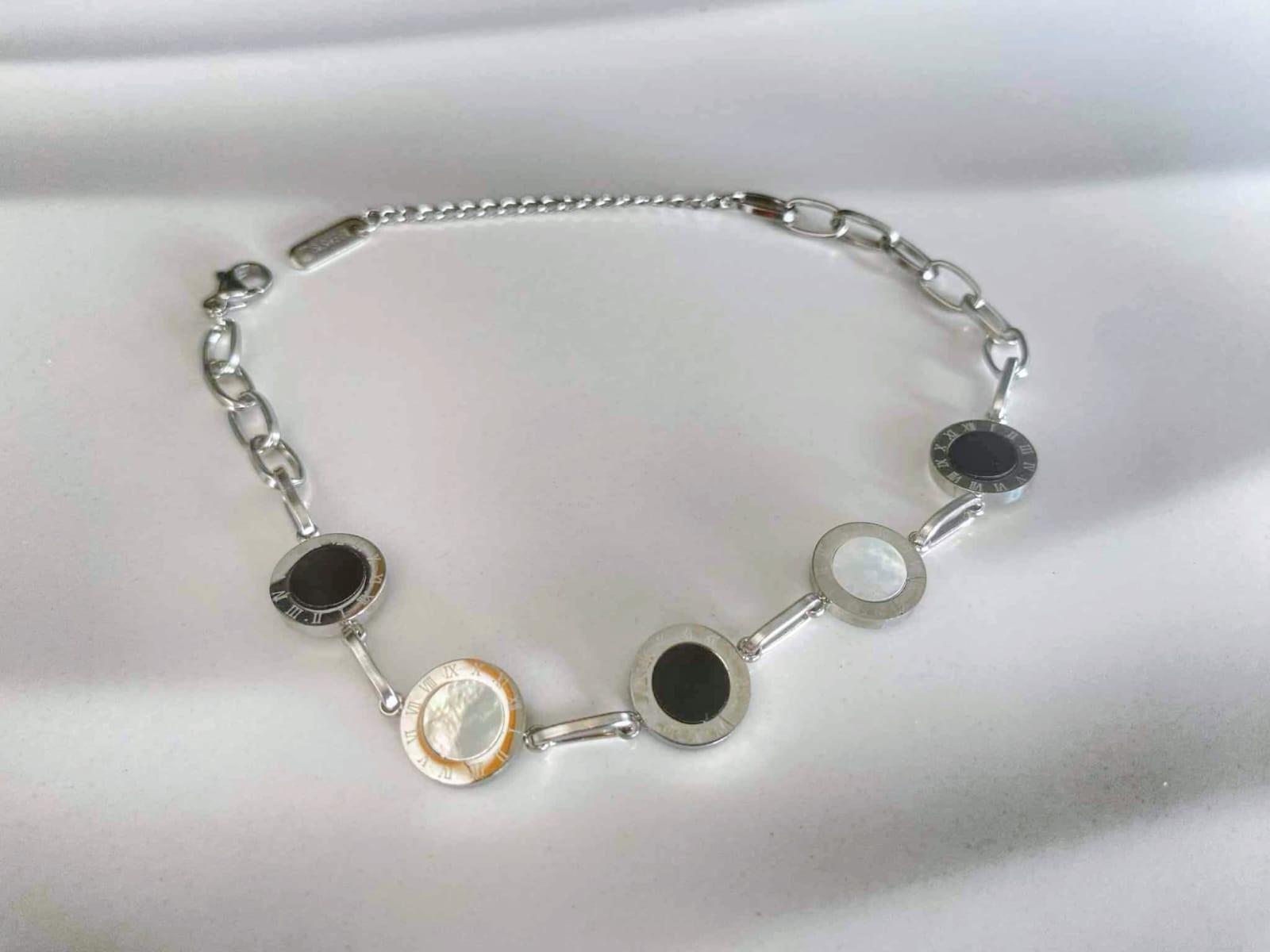 Silver Roman Numeral Black & White Shell Bracelet