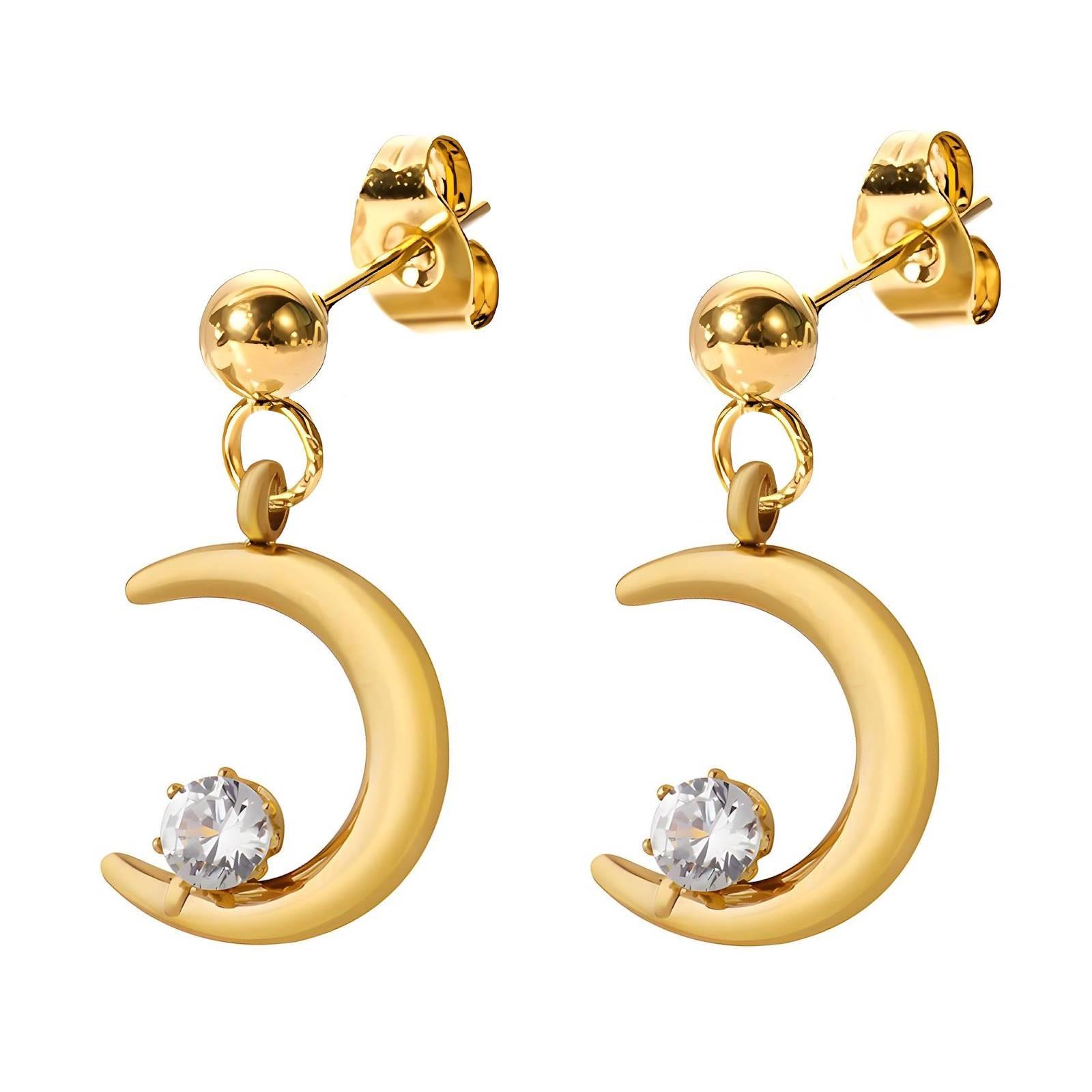 18k Gold PVD Crescent moon with Cubic Zirconia Earrings