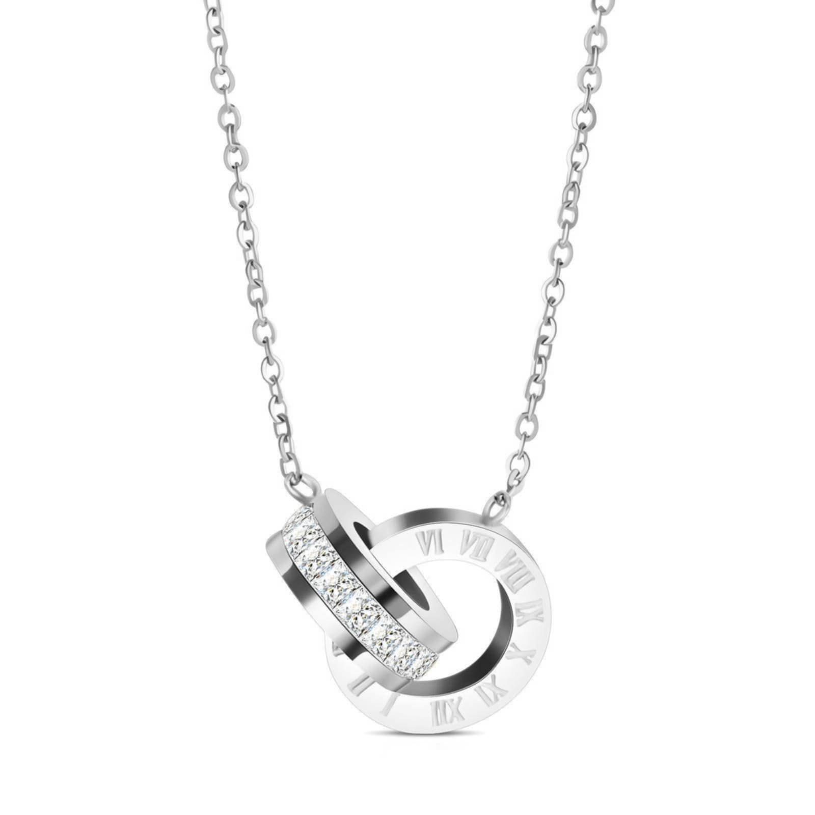 Silver Roman Numeral Linked Pendant Necklace with Cubic Zirconia