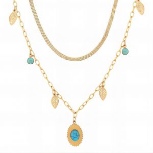 18k gold PVD Leaf & Turquoise Pendant Double Layered Necklace