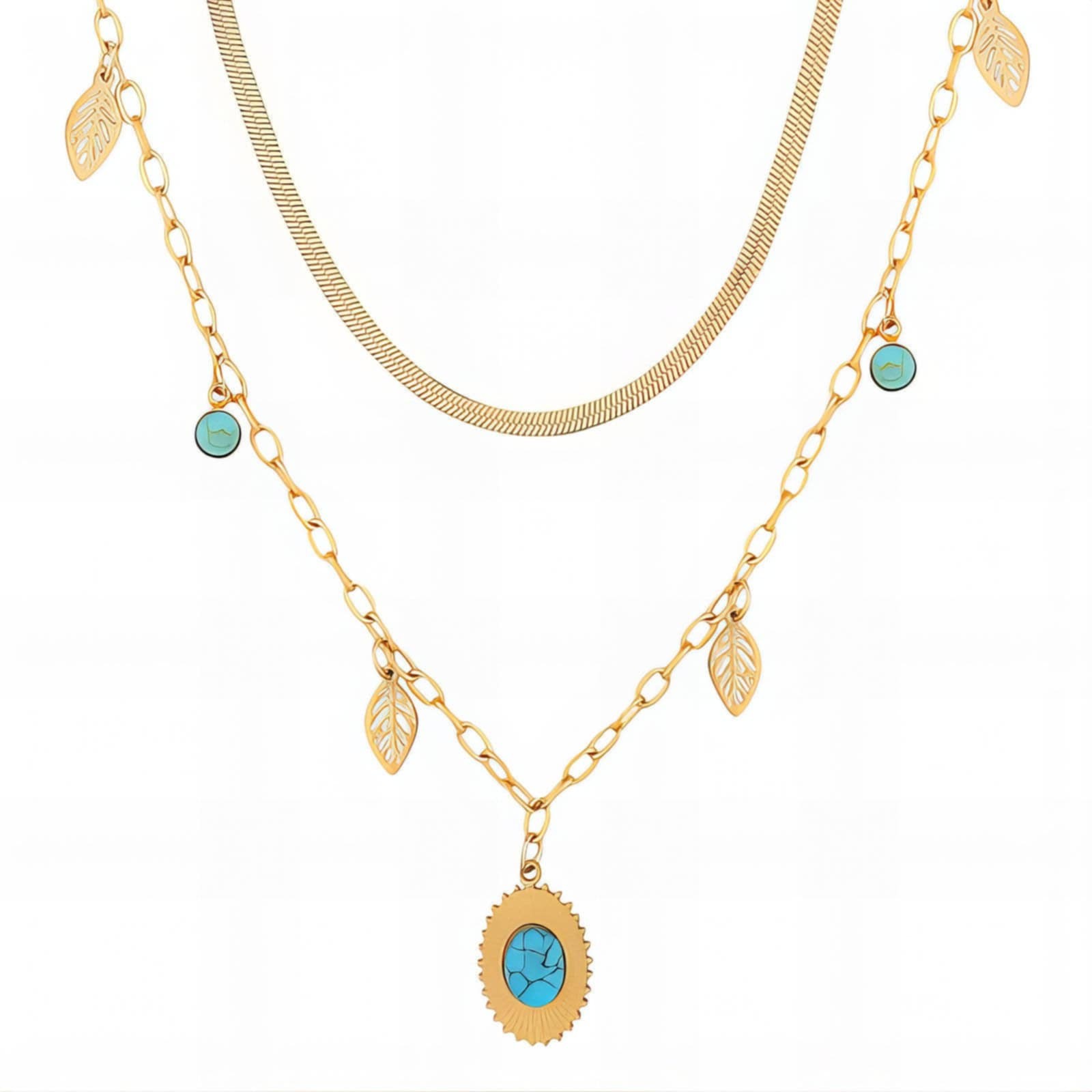 18k gold PVD Leaf & Turquoise Pendant Double Layered Necklace