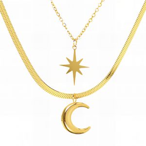 18k gold PVD Crescent Moon & Star Pendant Layered Necklace