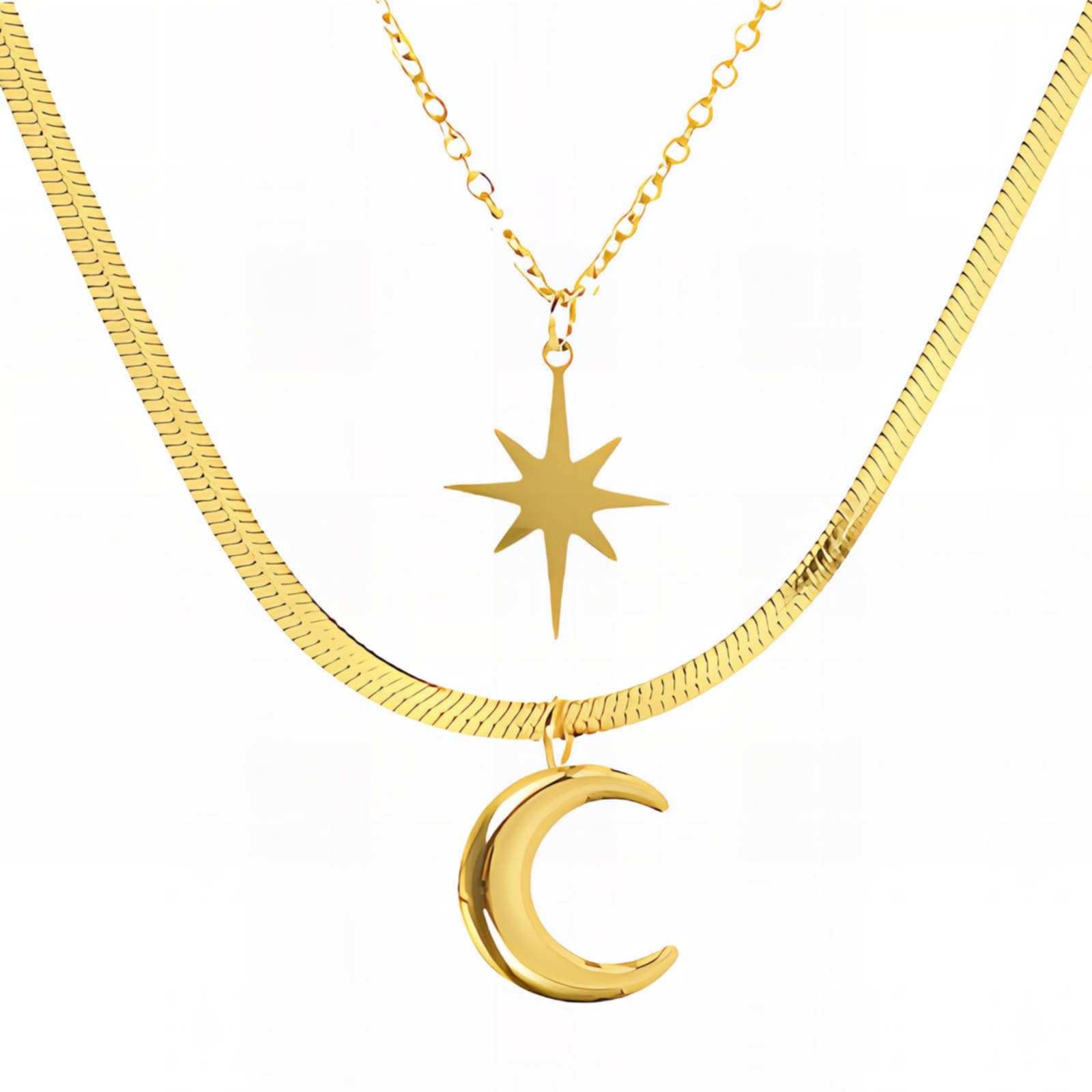18k gold PVD Crescent Moon & Star Pendant Layered Necklace