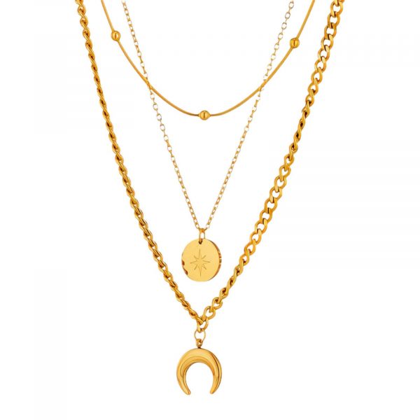 18k gold PVD Crescent Moon & Star Pendant Triple Layered Necklace