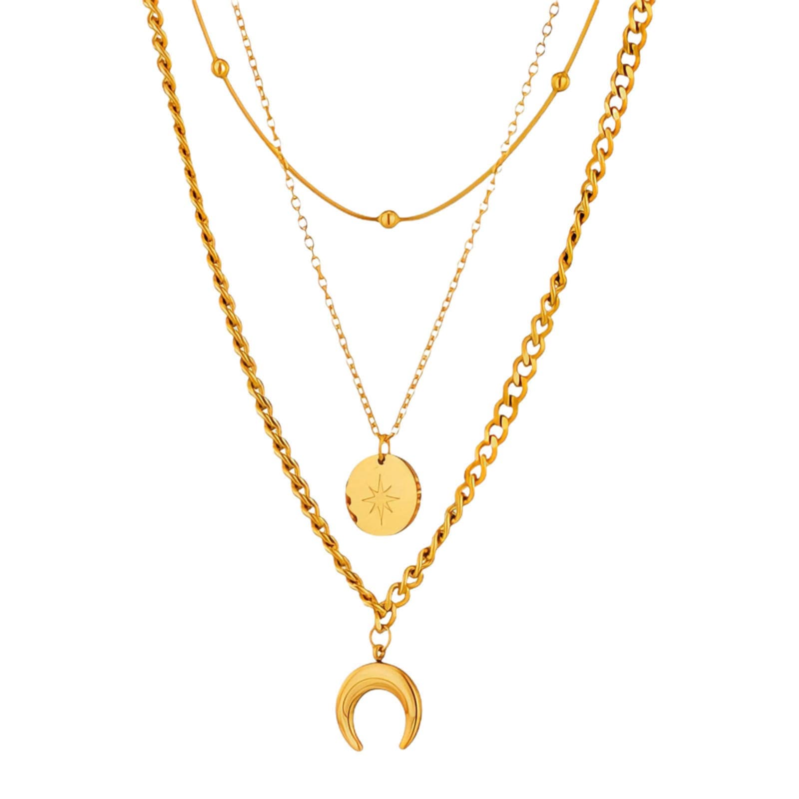 18k gold PVD Crescent Moon & Star Pendant Triple Layered Necklace
